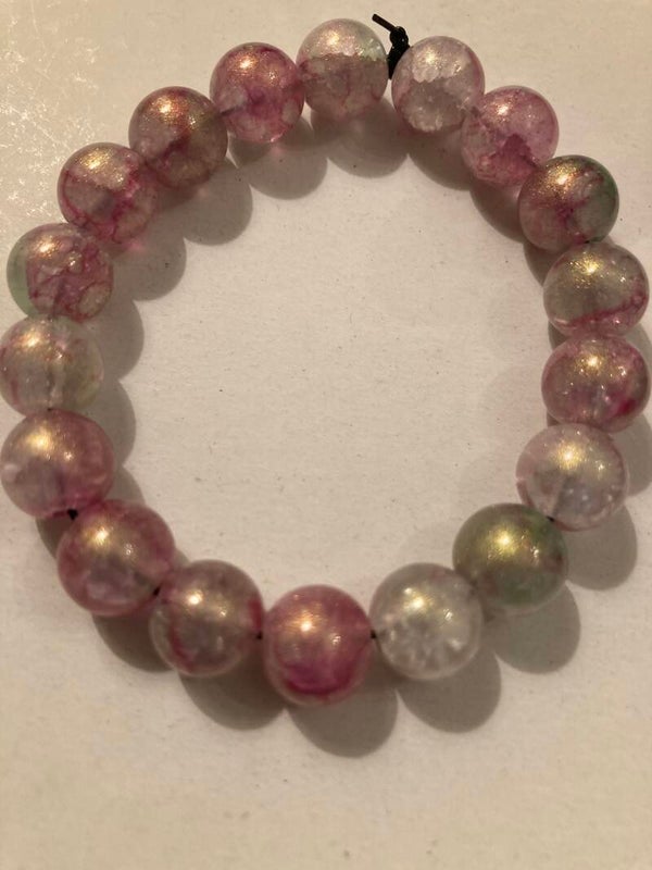 BRACELET Pink Olive Pressed Glass Beads On Elastic Cord