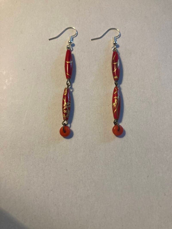 EARRINGS: Red And Gold Colour Resin Beads Unknown Metal stems Silver Plated Earring Hooks Dangle Earrings
