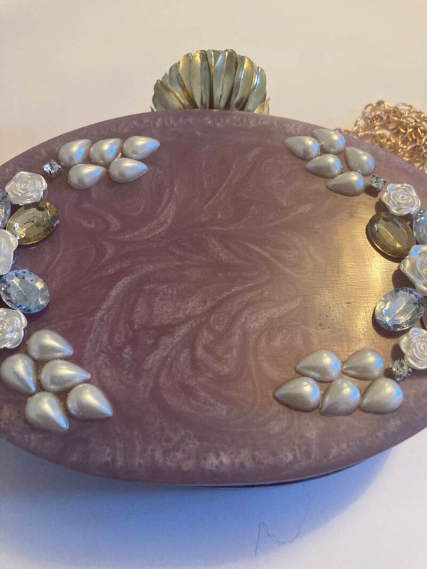 CLUTCH PURSE Oval Mauve Marble Resin Felted Lining Inner Pocket Gold Plated Findings Mother Of Pearl Embellishments