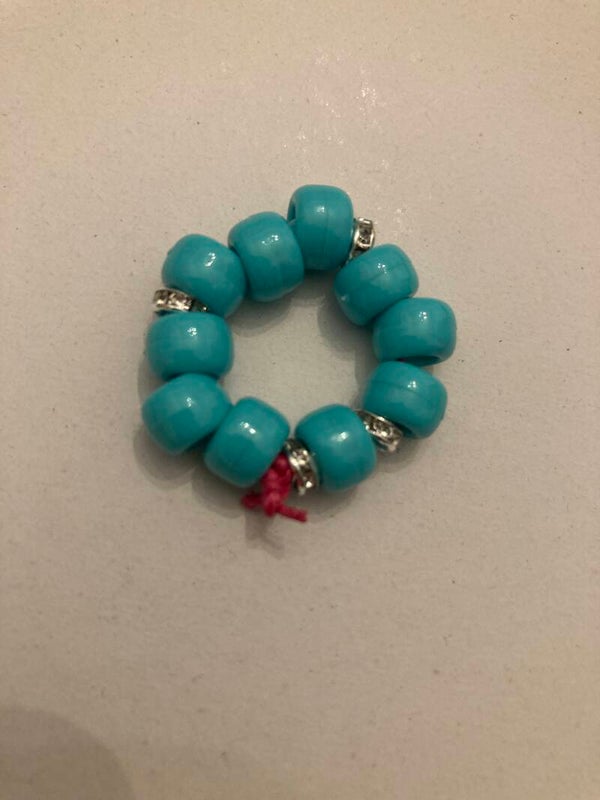 RING Turquoise Peony Beads And Silver Plated Crystal Beads On Pink Cord