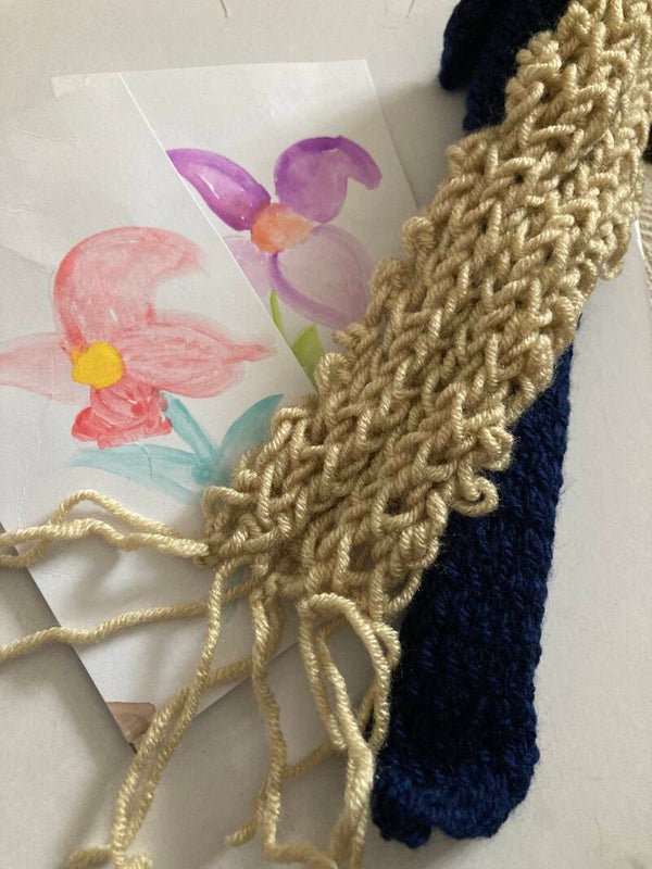 BOOKMARK SET Ivory Navy Acrylic Wool Floral Painted Cards