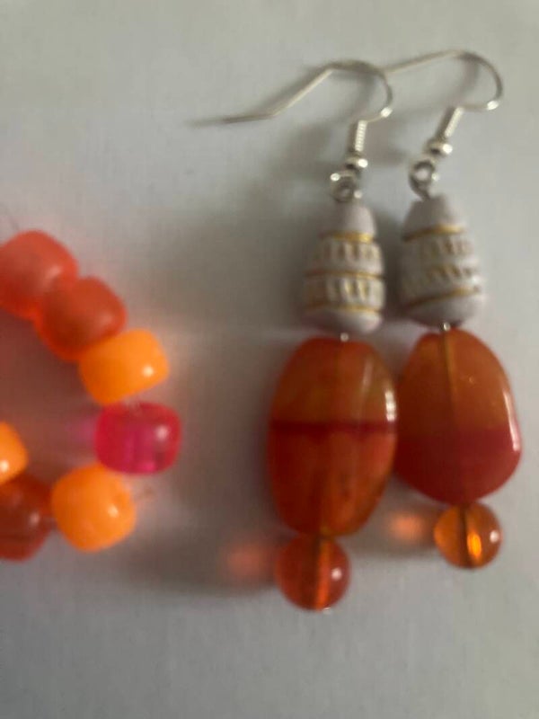 EARRING & RING Resin And Wood Orange And Cream