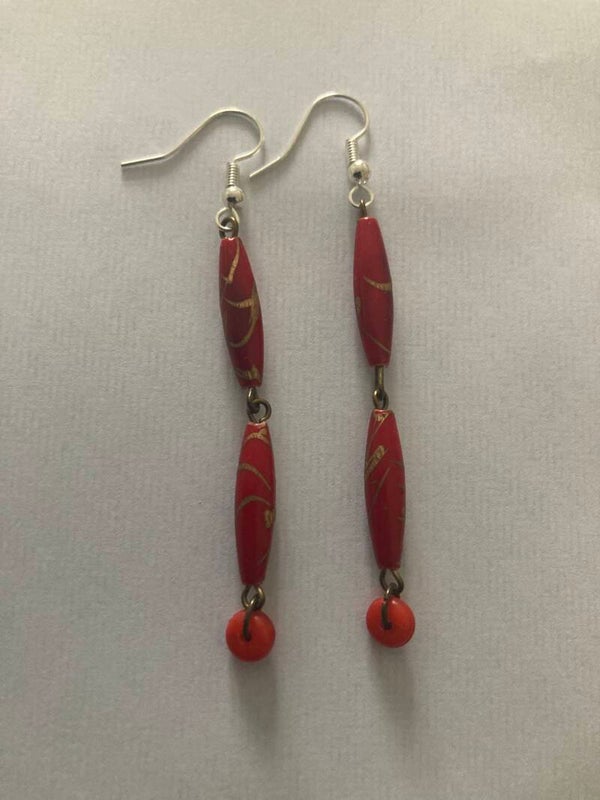 EARRINGS: Red And Gold Colour Resin Beads Unknown Metal stems Silver Plated Earring Hooks Dangle Earrings