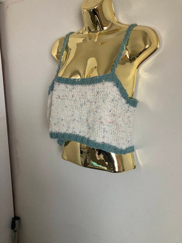CROP VEST TOP Sage And White Speckled Size 8-10 Acrylic Yarn