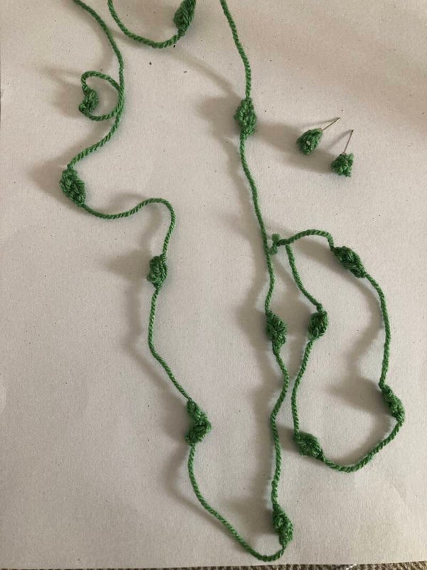 WOOL JEWELLERY SET Grass Green Stud Earrings And Bobble Beaded Necklace And Bracelet