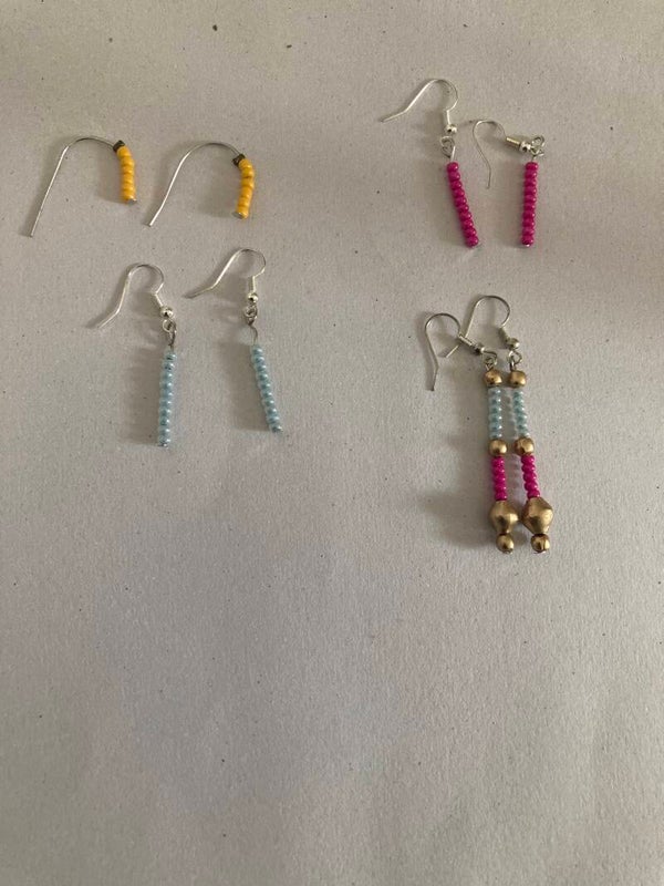 EARRINGS Yellow Pink Gold Resin Beads Blue Glass Beads Silver And Brass Findings Set Of 4 Earrings