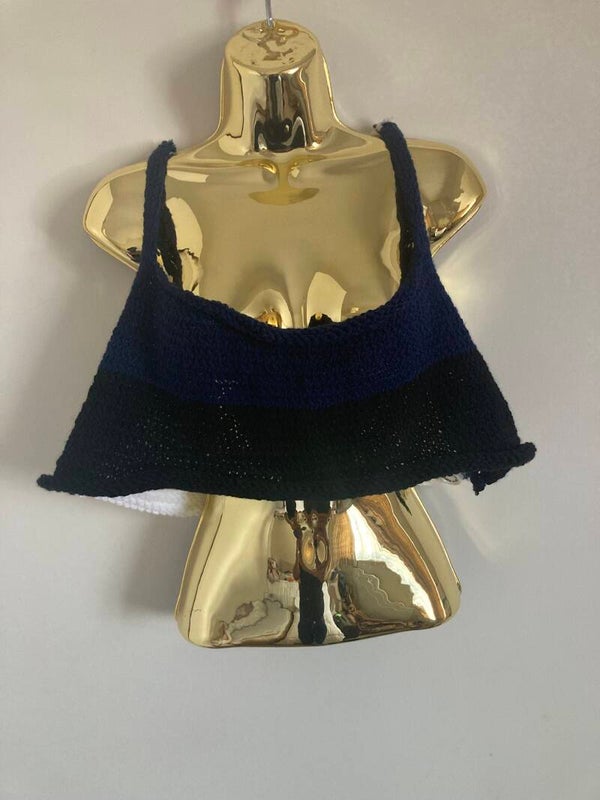 CROPPED CROSS BACK VEST Navy Black And White Yarn Acrylic  Size UK 10-12