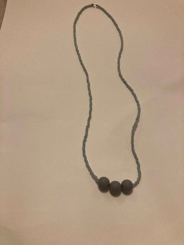 NECKLACE Matinee Necklace Czech Glass Blue Beads With Silica Grey Pendant Beads