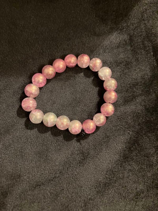 BRACELET 8” Olive Pink Pressed Glass Beads Elastic Cord