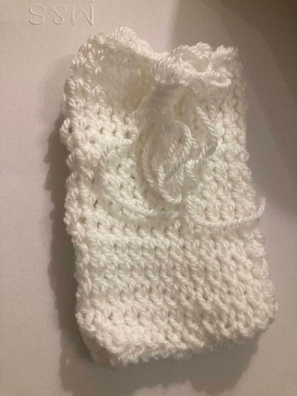 DRAWSTRING PURSE White Crocheted Tie Acrylic Yarn