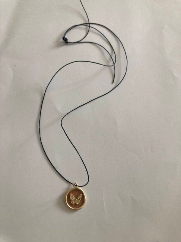 NECKLACE Rust Butterfly And Gold Plated Enamel Pendant On Matinee Cord