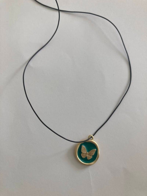 NECKLACE Gold Plated And Teal Butterfly Enamel Pendant On A Matinee Cord