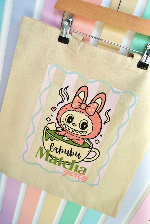 Labubu Matcha Stripe Cotton Tote Bag