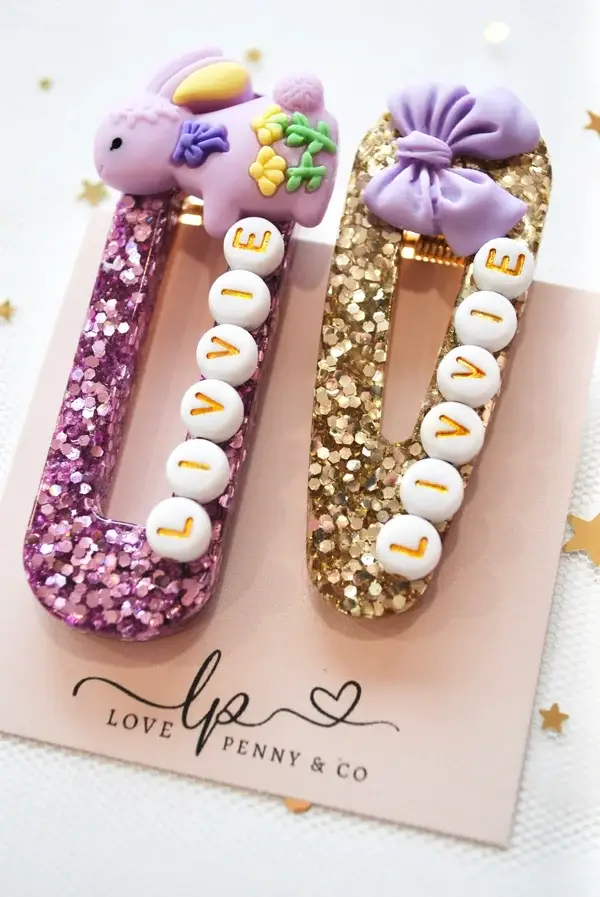 Handmade Personalised Bunny & Bow Resin Clips PURPLE
