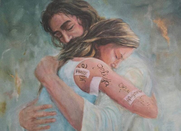 Canvas 'Meisje in Jezus armen'