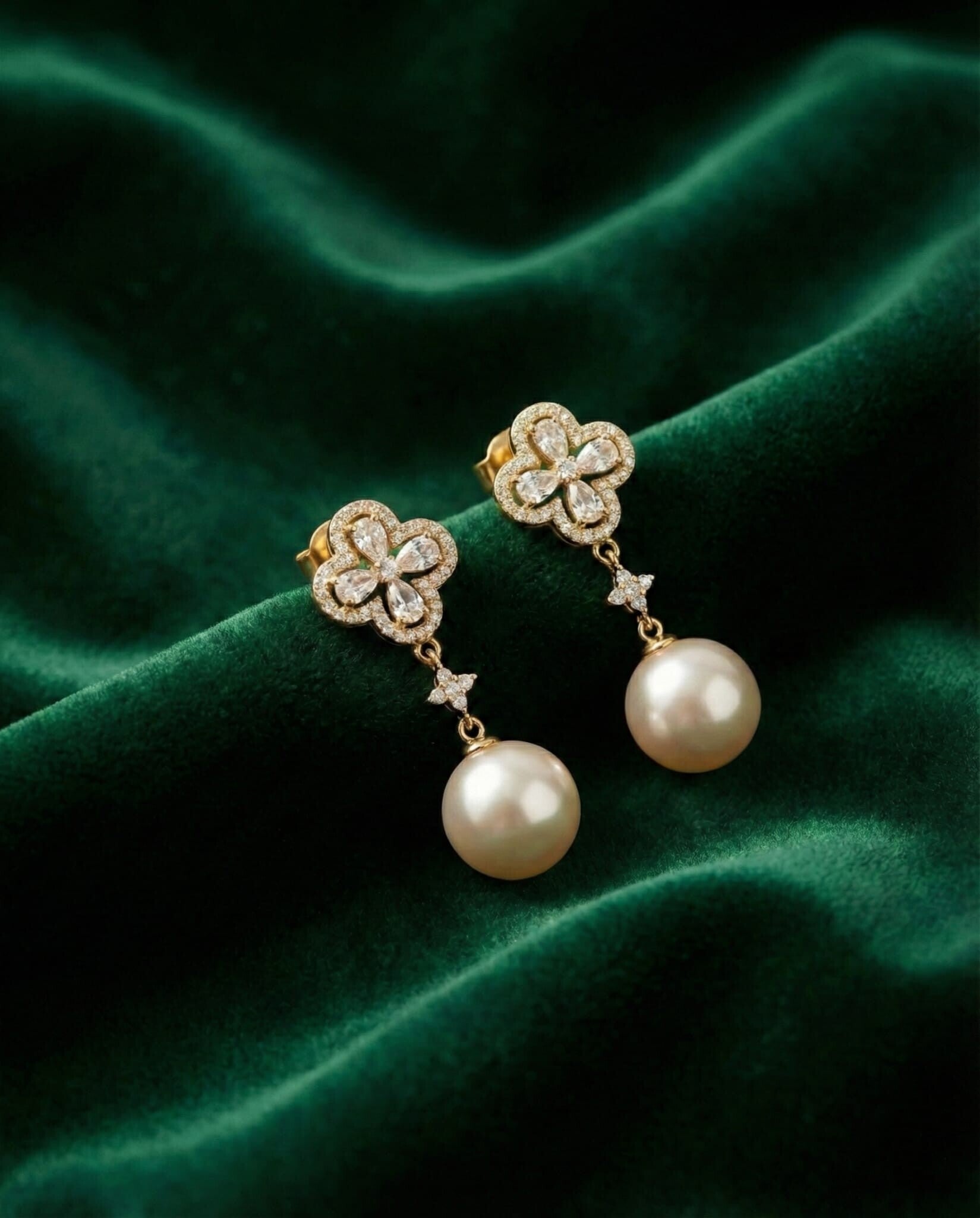 Lucky Clover Pearl Drop Earrings