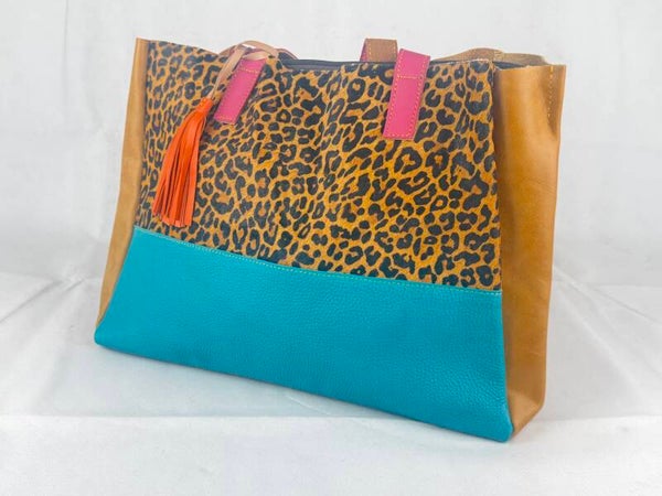 Blue & Tan Leather Tote Bag