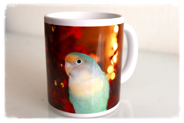 Mok met groene dwergpapegaai herfstthema