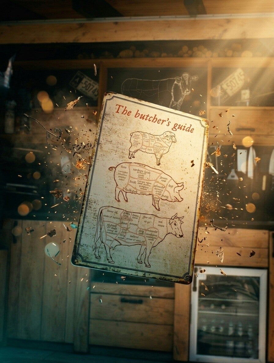 metalen wandbord 30x20cm - butchers guide lam, varken & koe - ME15