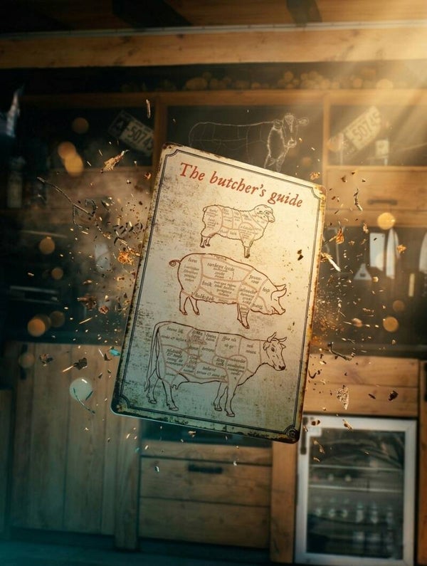 metalen wandbord 30x20cm - butchers guide lam, varken & koe - ME15
