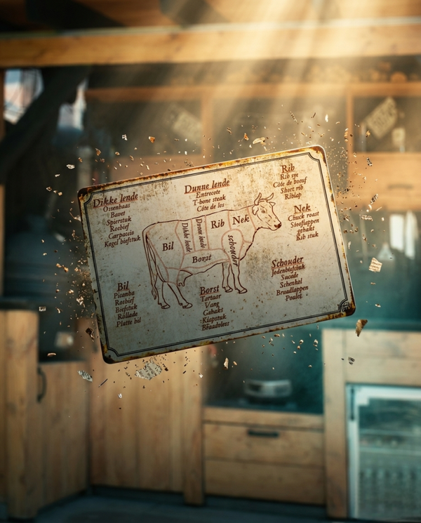 metalen wandbord 30x20cm - butchers guide koe - ME16