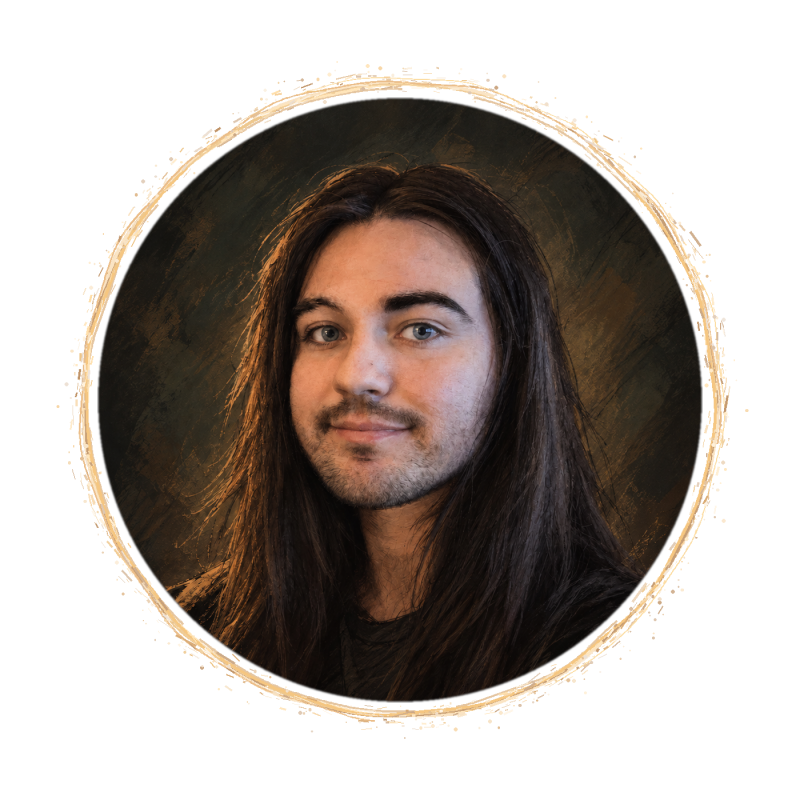 Illustrated portrait of Blake Costa framed by a subtle golden brushstroke circle