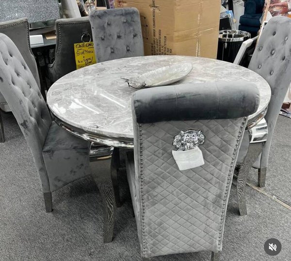 Elegant Grey Velvet Dining Set with Marble-Top Table with 4 x chairs