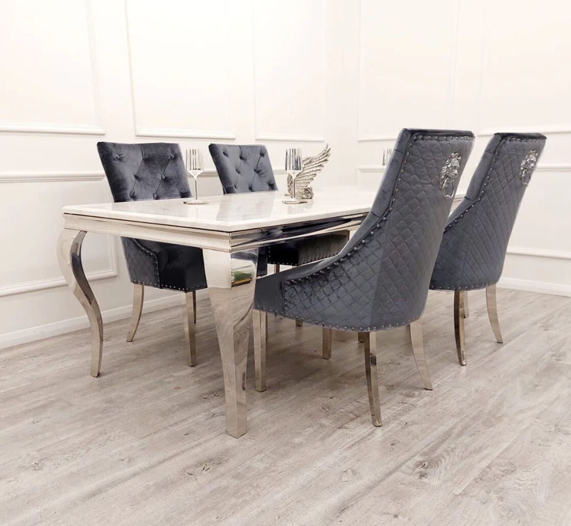 Luxury White Marble Dining set with Quilted Velvet Chairs