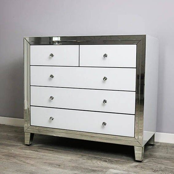 Modern Mirrored Chest of Drawers with Crystal Handles