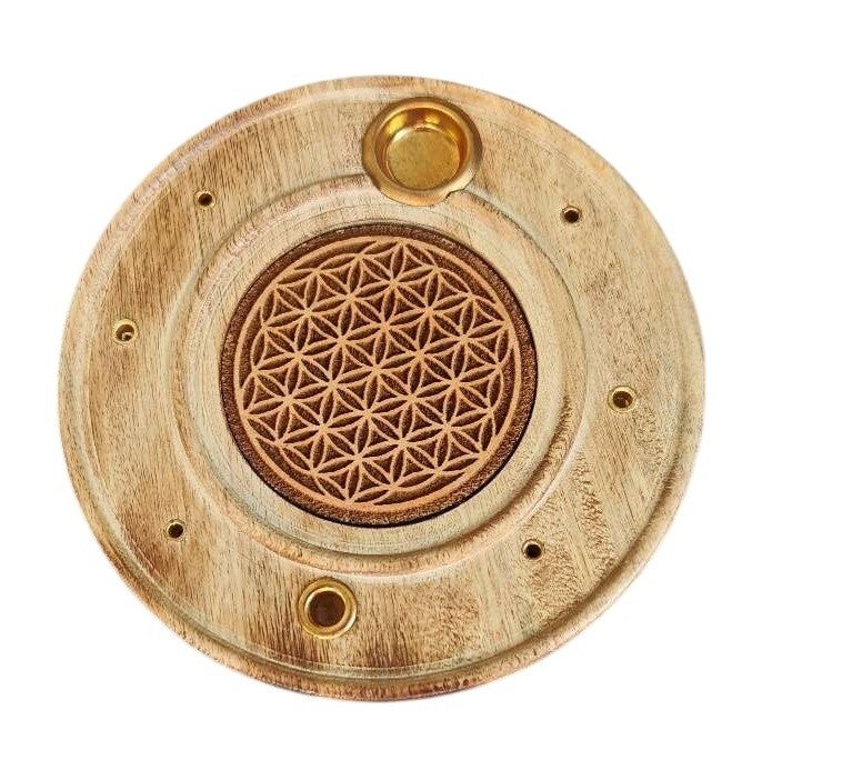 Räucherstäbchen- & -kegelhalter "Blume des Lebens" aus Papri (indische Ulme)