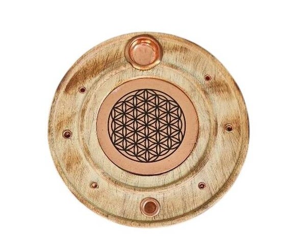 Räucherstäbchen- & -kegelhalter "Blume des Lebens" aus Mangoholz