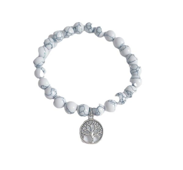 Perlen-Armband mit Lebensbaum weiß marmoriert