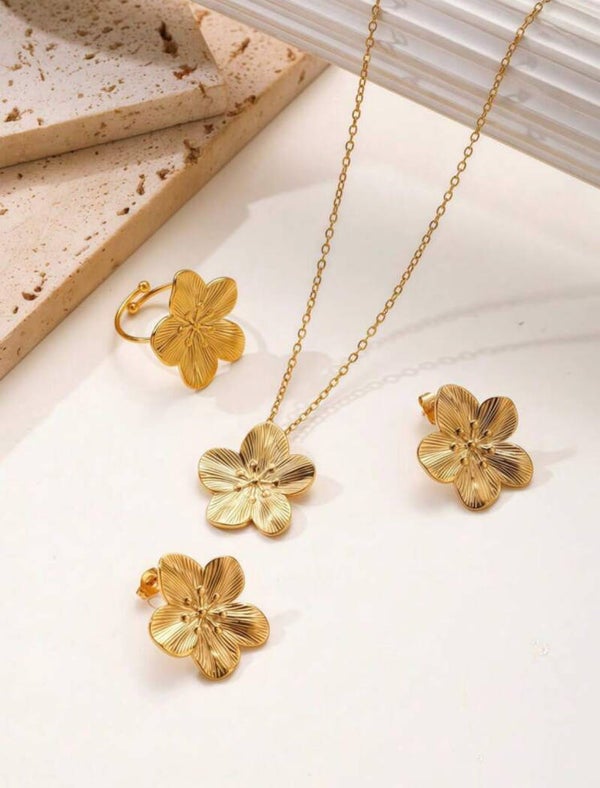 Sublime parure 2 pièces – Fleur à 5 pétales – Plaqué or 18K