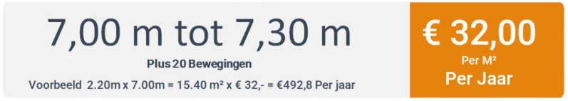 7,00 m tot 7,30 m = € 32,00 per vierkante meter Stalling Overeem 