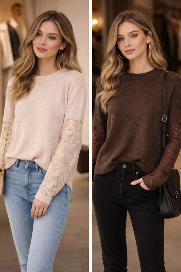 Trui met kanten mouw beige