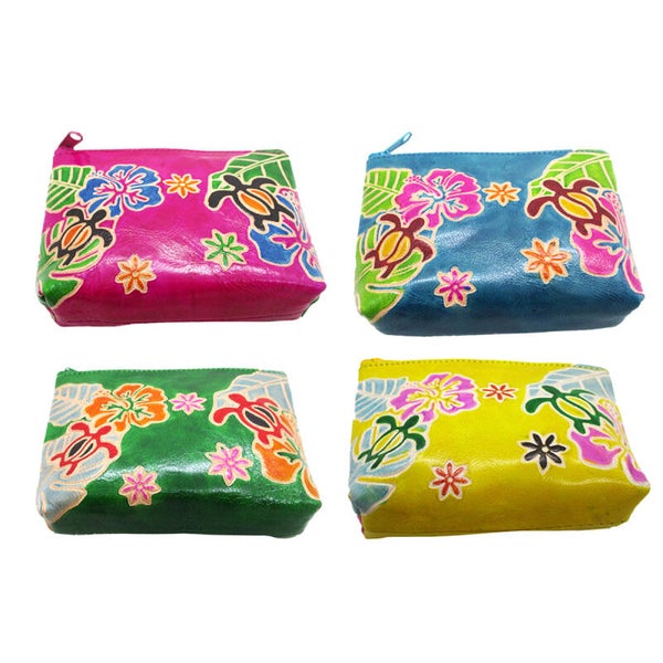 Porte-monnaie en Cuir Tortues & Hibiscus – Artisanat Tropical | 4 Coloris 12 x 3 x 9 cm