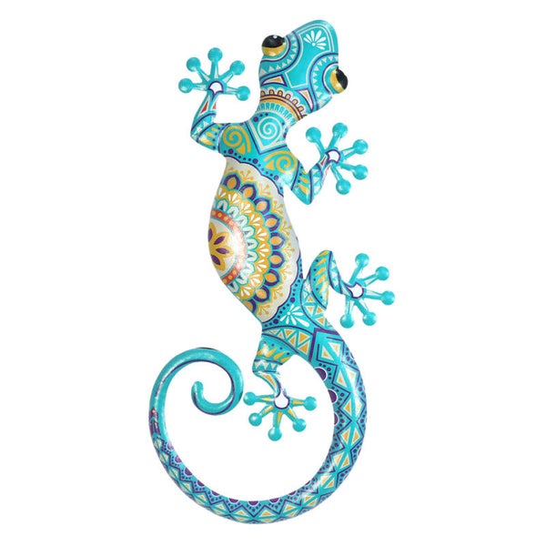 Gecko Décoratif Mural Métal - Mandala Turquoise & Jaune 45.5x20x1.50 cm