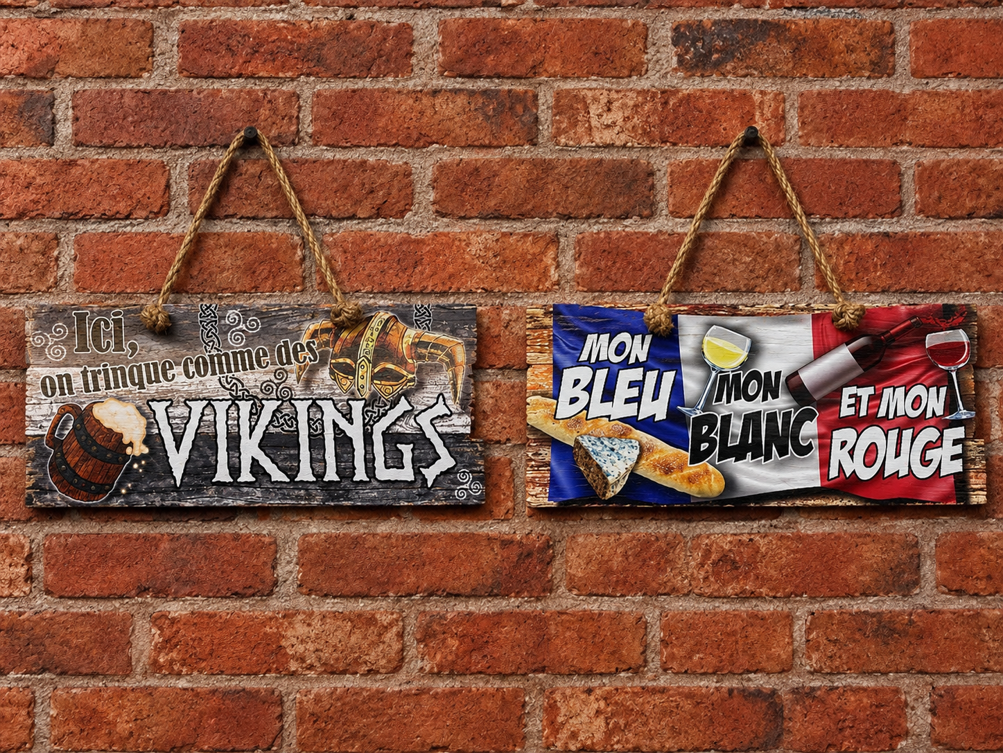 Duo de plaques décoratives en bois – Thème "Vikings" & "Mon Bleu Mon Blanc Mon Rouge" 13 x 30 cm