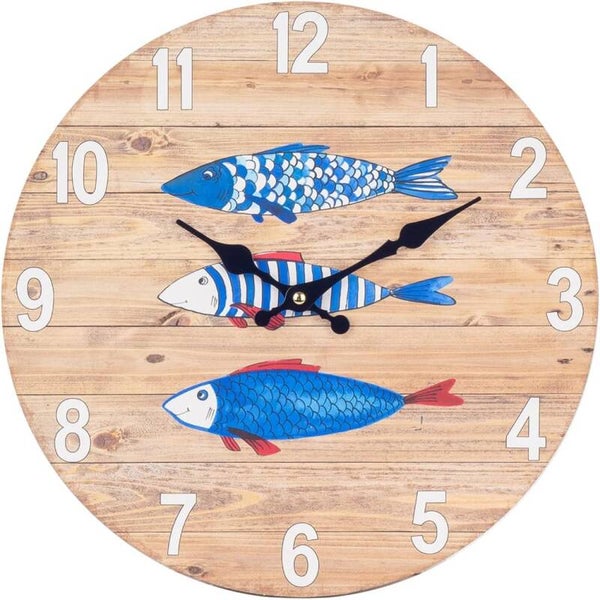 Horloge Murale Bois – Motif Poissons Méditerranéens 34 cm