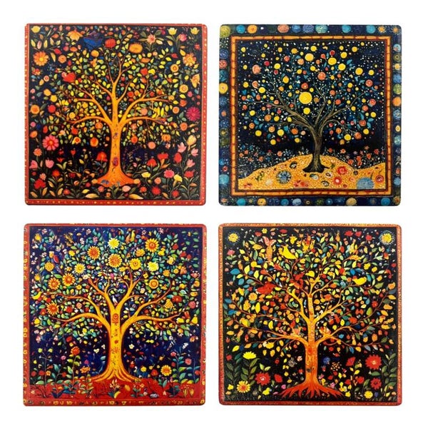 Sous-verres Magnétiques x 4 — Collection Arbre de Vie 7,5 x 7,5 cm