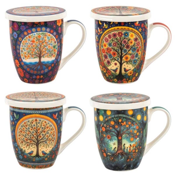 Mug Tisanière avec Filtre et couvercle Arbre de Vie en Porcelaine