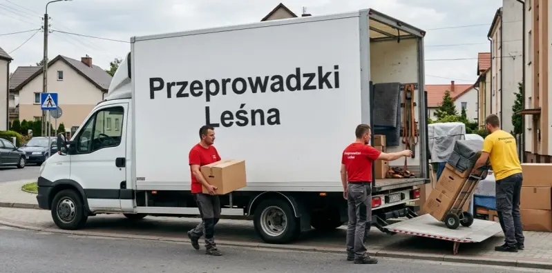 Przeprowadzki Leśna – ekipa POLDE24 przy lokalnej przeprowadzce, bus kontener ustawiony bokiem do obiektywu z czytelnym napisem oraz trzyosobowy zespół w dwóch czerwonych i jednej żółtej koszulce