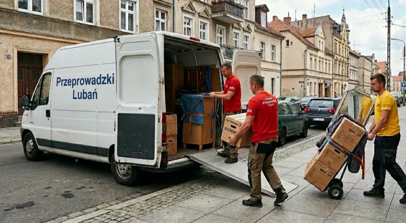 Przeprowadzki Lubań – ekipa POLDE24 podczas lokalnej przeprowadzki, biały van oraz trzyosobowy zespół w dwóch czerwonych i jednej żółtej koszulce