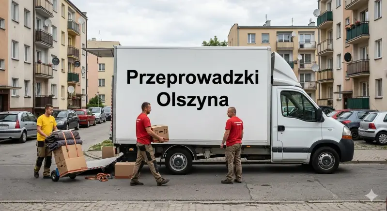 Przeprowadzki Olszyna – ekipa POLDE24 przy przeprowadzce, van ustawiony bokiem z wyraźnym napisem oraz trzyosobowy zespół w dwóch czerwonych i jednej żółtej koszulce