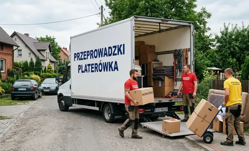 Przeprowadzki Platerówka – ekipa POLDE24 przy lokalnej przeprowadzce, bus kontener ustawiony bokiem do obiektywu z wyraźnym napisem oraz trzyosobowy zespół w dwóch czerwonych i jednej żółtej koszulce