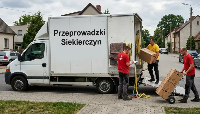 Przeprowadzki Siekierczyn – ekipa POLDE24 podczas transportu mebli, van ustawiony bokiem z widocznym napisem oraz trzyosobowy zespół w czerwonych i żółtej koszulce
