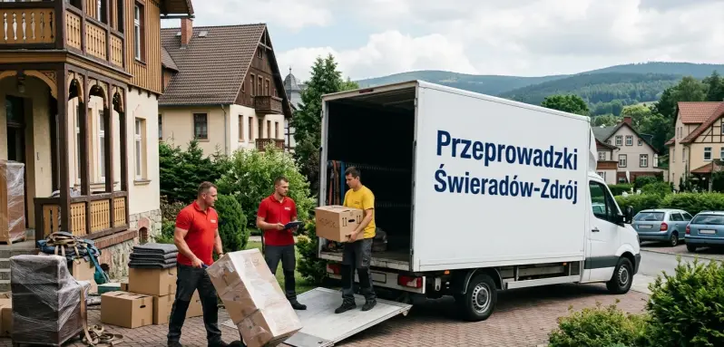Przeprowadzki Świeradów-Zdrój – ekipa POLDE24 przy przeprowadzce apartamentu, bus kontener ustawiony bokiem do obiektywu z widocznym napisem oraz trzyosobowy zespół w czerwonych i żółtej koszulce