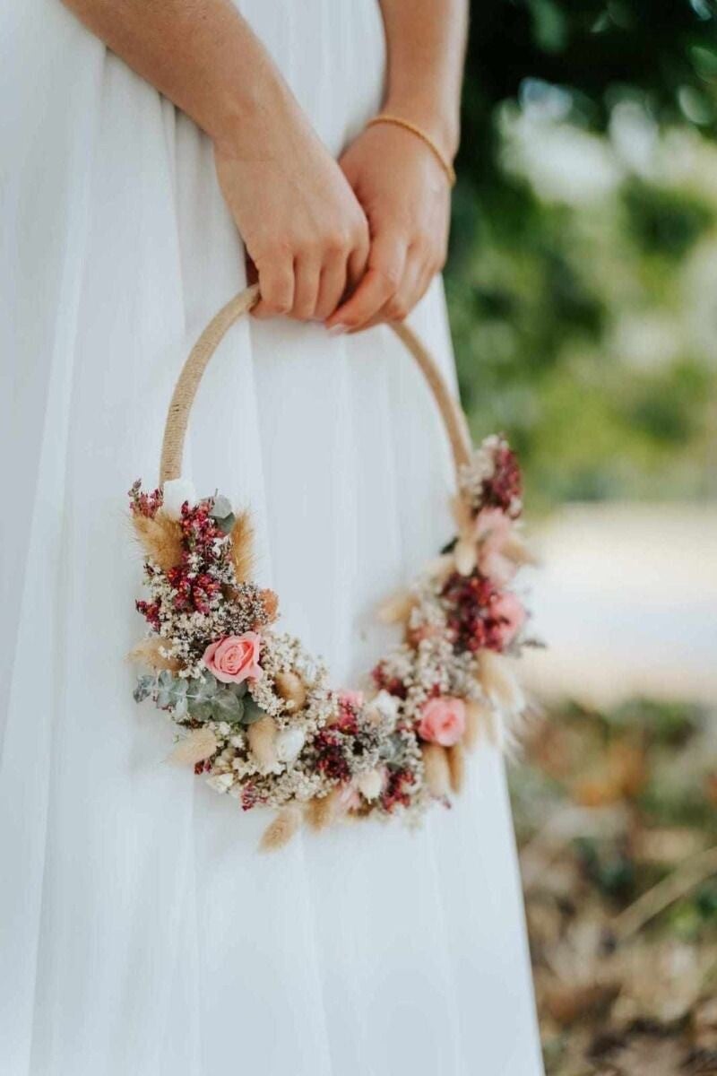 Bouquet Cerceau de Mariée « Anneau Botanique » – Fleurs Séchées & Roses Stabilisées