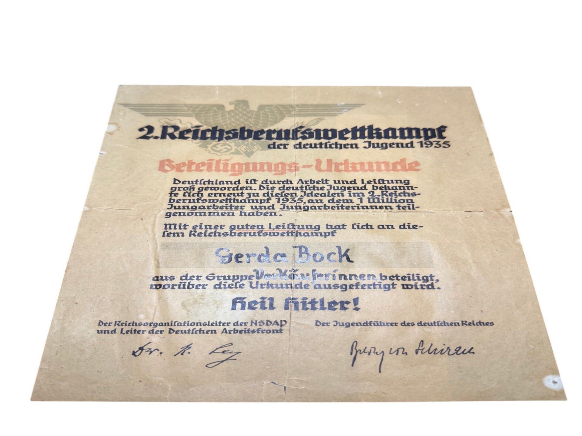 Originele Duitse Oorkonde '2. Reichsberufswettkampf' (1935) – Gerda Bock