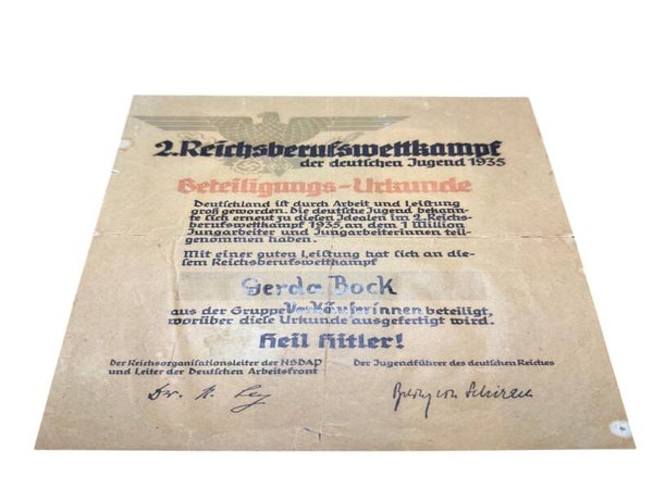 Originele Duitse Oorkonde '2. Reichsberufswettkampf' (1935) – Gerda Bock
